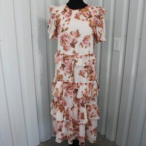 Rachel Parcell Floral Ruffle Midi Dress - Pink and White